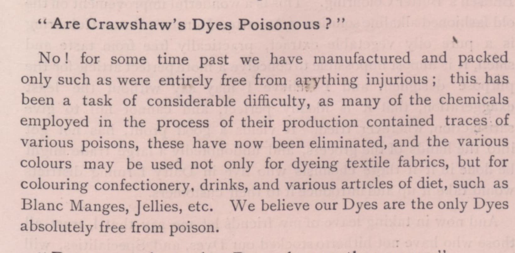 Vintage advert text about Crawshaw's non-poisonous dyes