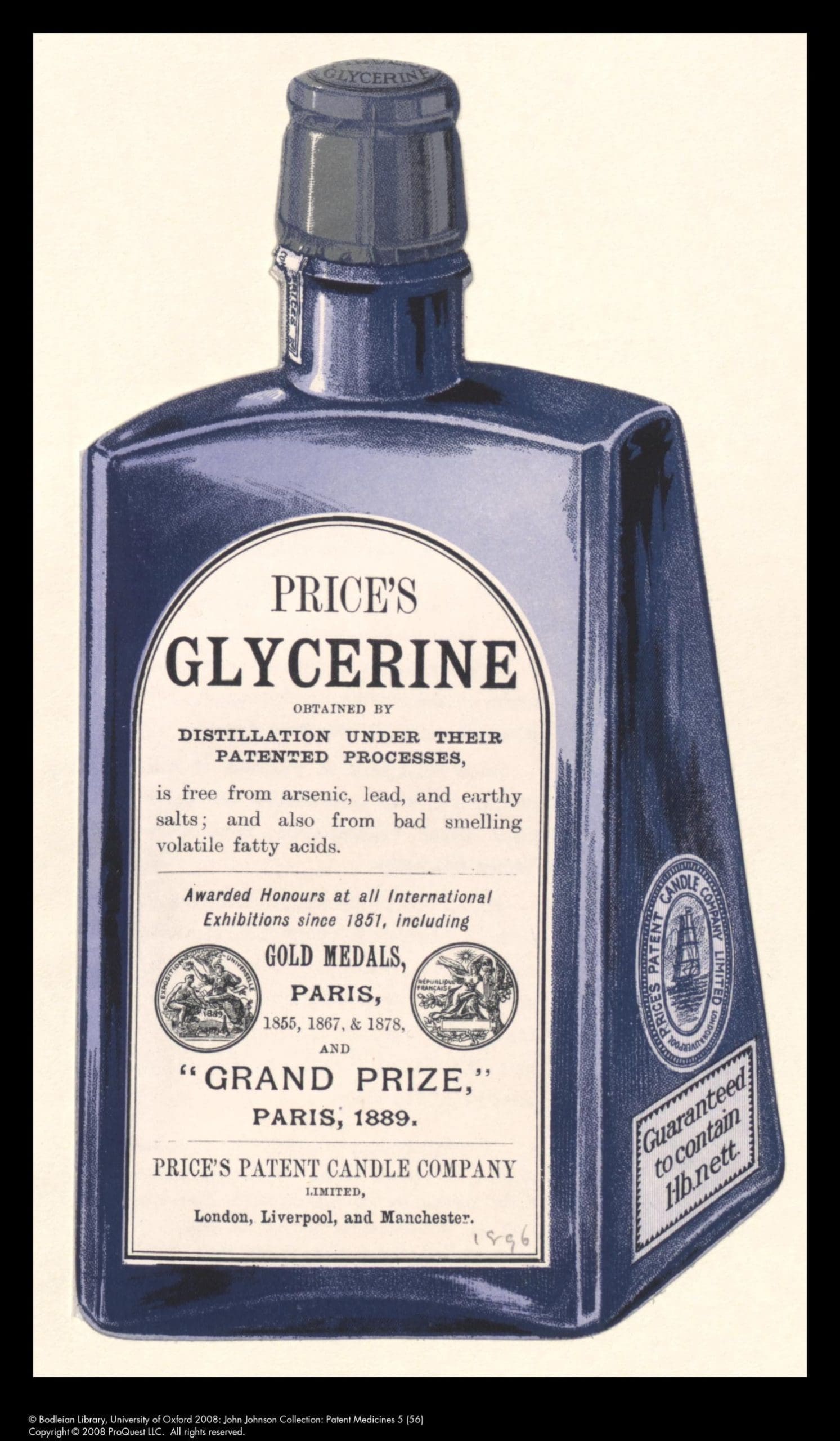 Vintage blue glass bottle of Price's Glycerine